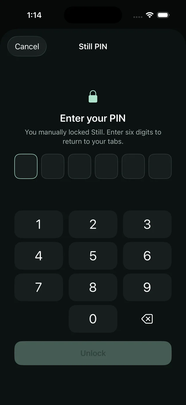 Still’s private PIN lock screen.